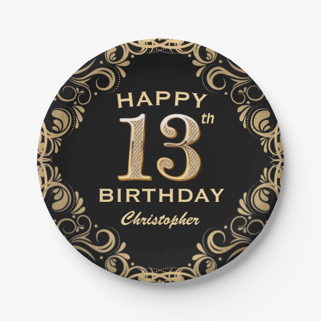 13th Birthday Party Black and Gold Glitter Frame Paper Plate (Front)