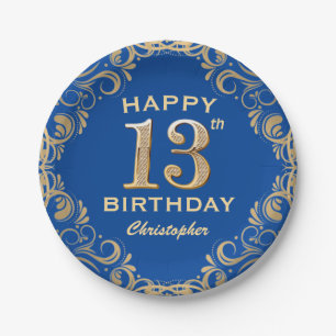 13th Birthday Party Blue and Gold Glitter Frame Paper Plate