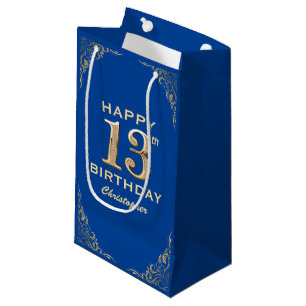 13th Birthday Party Blue and Gold Glitter Frame Small Gift Bag