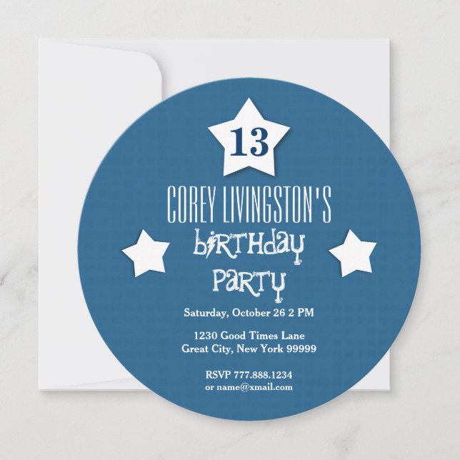 13th Birthday Party Blue Circle White Stars V03D1 Invitation (Front)