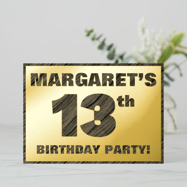 13th Birthday Party — Bold, Faux Wood Grain Text (Standing Front)