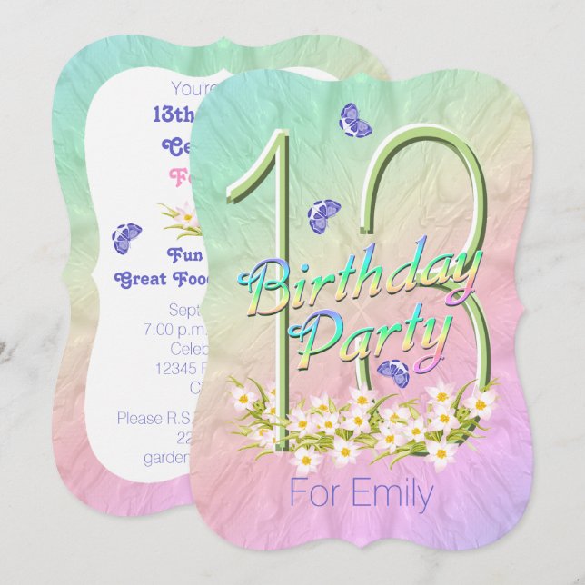 13th Birthday Party Butterfly Garden Invitations (Front/Back)