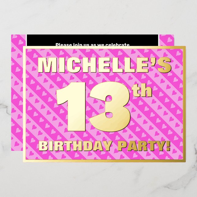 13th Birthday Party — Fun Pink Hearts and Stripes (Front/Back)