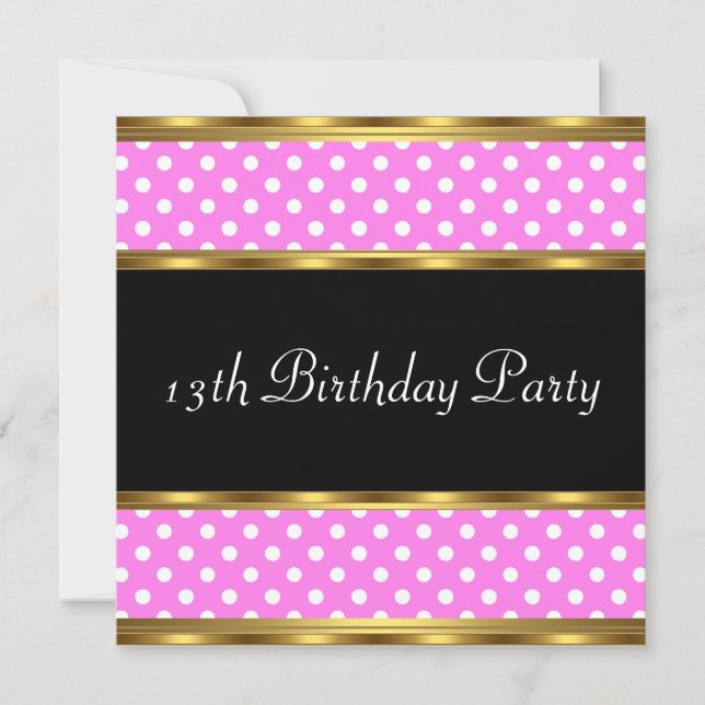13th Birthday Party Gold Pink White Polka dots Invitation (Front)
