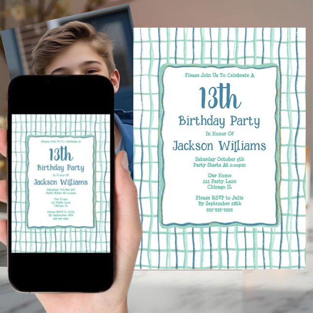 13th Birthday Party Hand Drawn Unique Blue Green Invitation (Creator Uploaded)