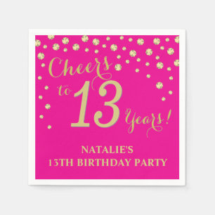 13th Birthday Party Hot Pink and Gold Diamond Napkin