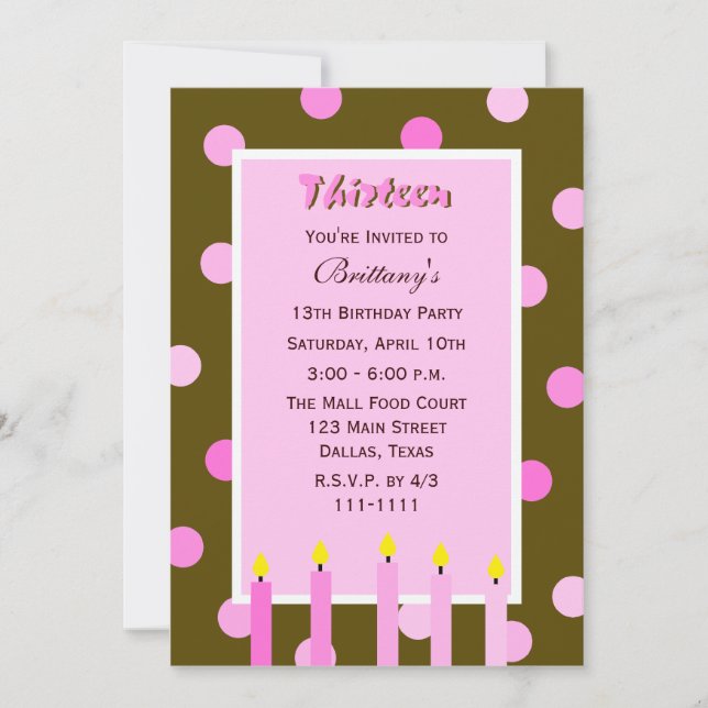 13th Birthday Party Invitation Pink Polka Dots (Front)