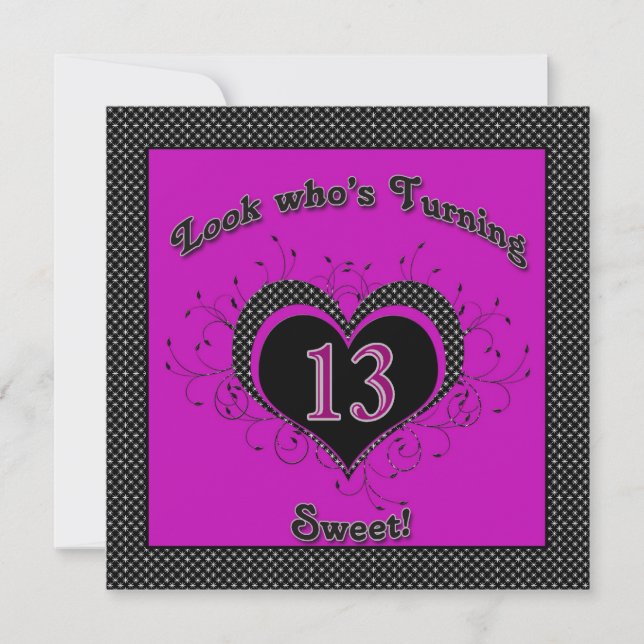 13th Birthday Party Invitation, Purple/Black, Girl Invitation (Front)