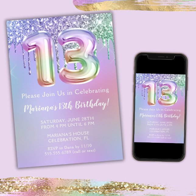 13th Birthday Party Invitation Purple Pink Glitter (Creator Uploaded)