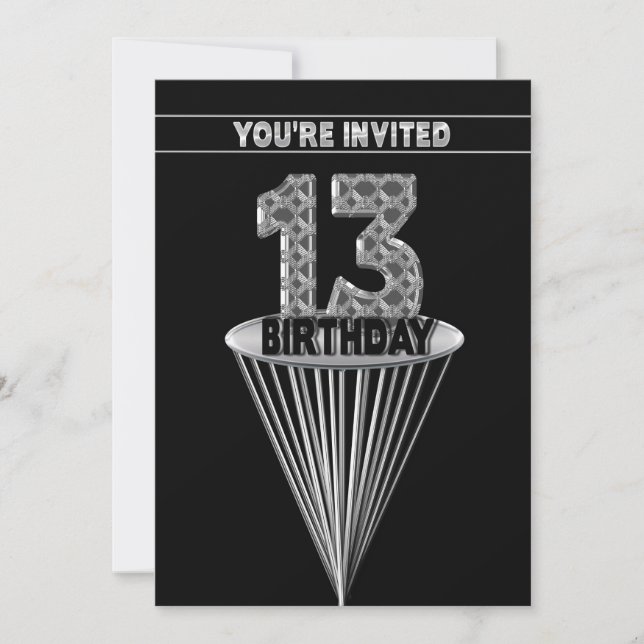 13TH Birthday Party Invitation - Silver and Black, (Front)