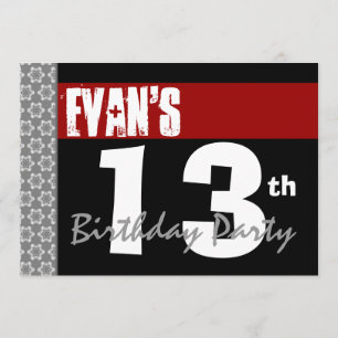 13th Birthday Party Modern Red Black and White 2C Invitation