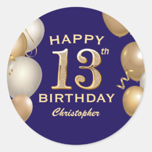 13th Birthday Party Navy Blue and Gold Balloons Classic Round Sticker