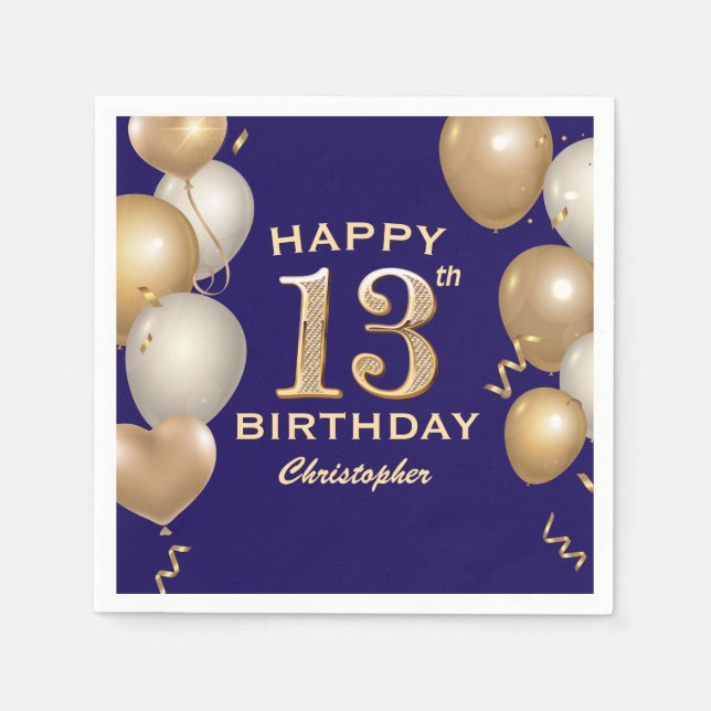 13th Birthday Party Navy Blue and Gold Balloons Napkin (Front)