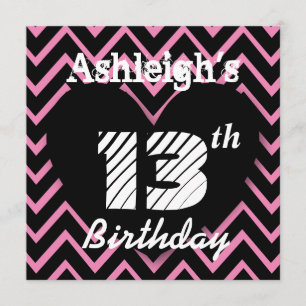 13th Birthday Party Pink Chevron Pattern A005 Invitation