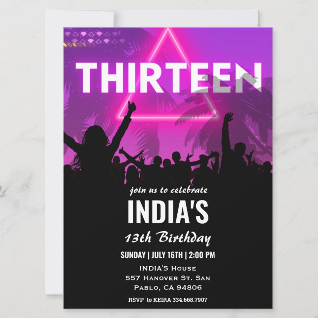 13th Birthday Party Pink Neon  Invitation (Front)