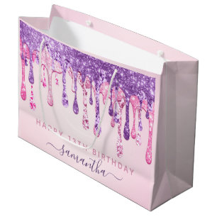 13th Birthday Party Pink Purple Glitter Dripping   Large Gift Bag