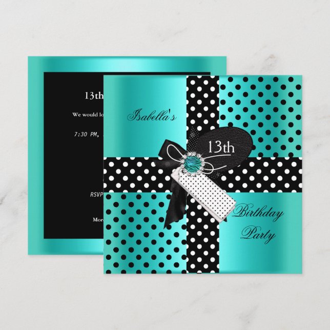 13th Birthday Party Polka Dots Teal Blue Invitation (Front/Back)