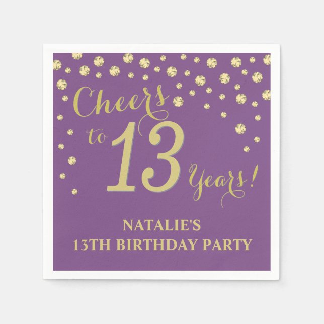 13th Birthday Party Purple and Gold Diamond Napkin (Front)