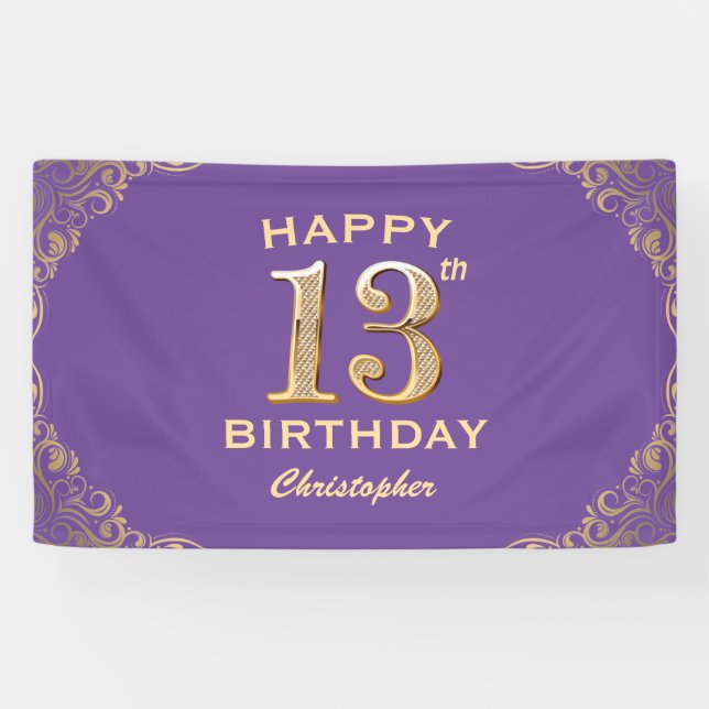 13th Birthday Party Purple and Gold Glitter Frame Banner (Horizontal)