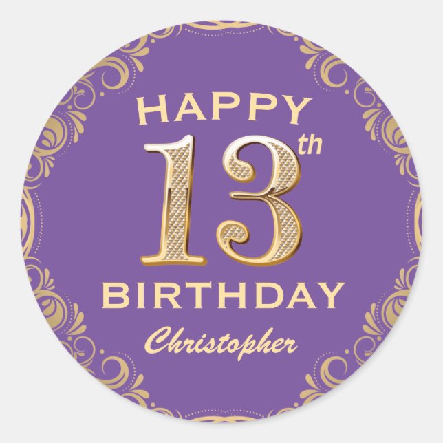 13th Birthday Party Purple and Gold Glitter Frame Classic Round Sticker (Front)