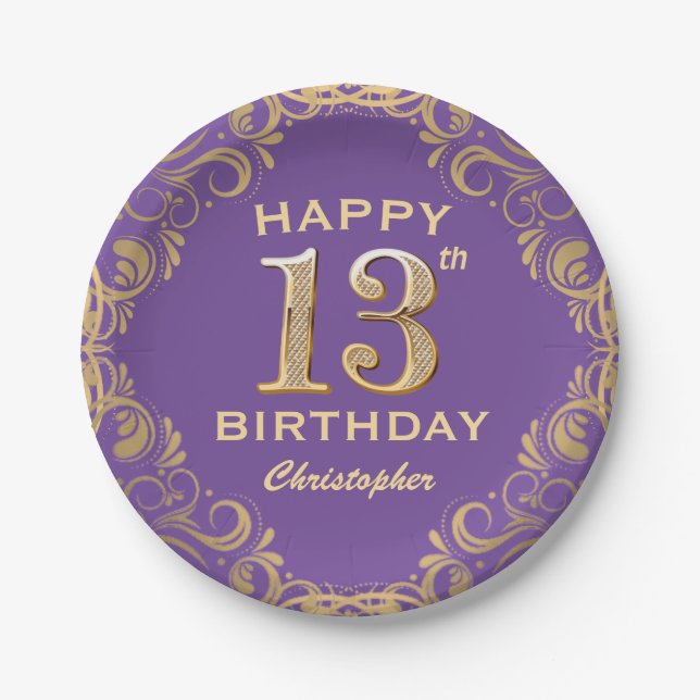 13th Birthday Party Purple and Gold Glitter Frame Paper Plate (Front)