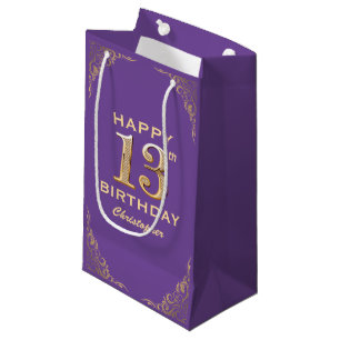 13th Birthday Party Purple and Gold Glitter Frame Small Gift Bag