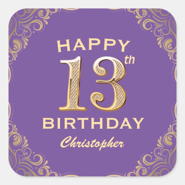 13th Birthday Party Purple and Gold Glitter Frame Square Sticker (Front)