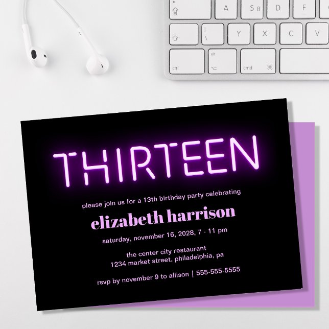13th Birthday Party Purple Neon Lights Invitation (Creator Uploaded)