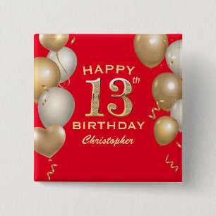 13th Birthday Party Red and Gold Balloons 15 Cm Square Badge