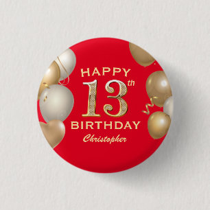 13th Birthday Party Red and Gold Balloons 3 Cm Round Badge