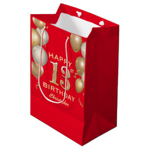 13th Birthday Party Red and Gold Balloons Medium Gift Bag
