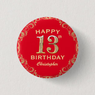 13th Birthday Party Red and Gold Glitter Frame 3 Cm Round Badge