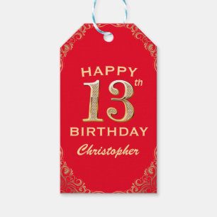 13th Birthday Party Red and Gold Glitter Frame Gift Tags