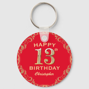13th Birthday Party Red and Gold Glitter Frame Key Ring