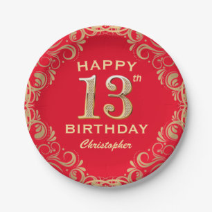 13th Birthday Party Red and Gold Glitter Frame Paper Plate