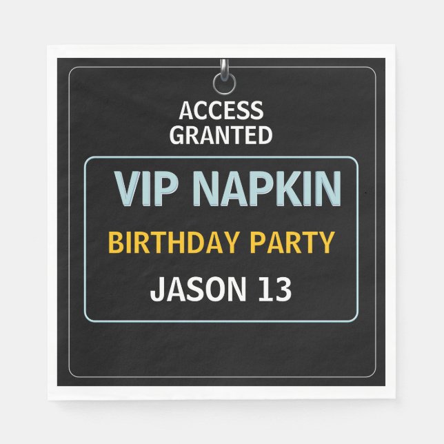 13th Birthday Party, VIP Pass, Level 13, Boys  Napkin (Front)