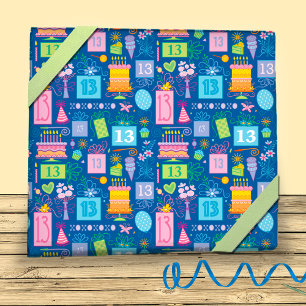 13th Birthday Pastel Blue Cake Presents Balloons  Wrapping Paper Sheet