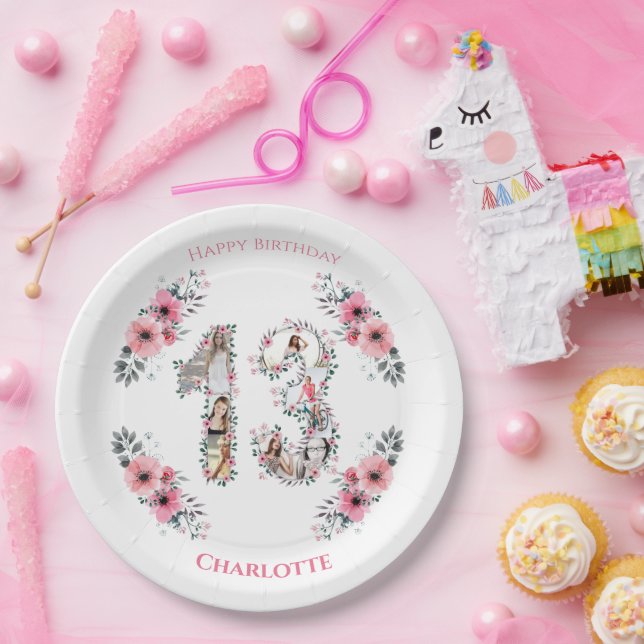 13th Birthday Photo Collage Girl Pink Flower White Paper Plate (Party)
