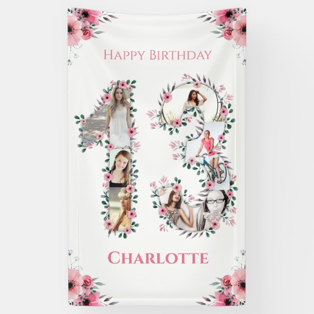 13th Birthday Photo Collage Pink Flower Girl White Banner (Vertical)