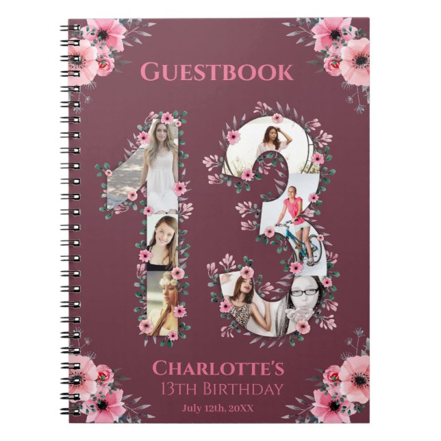 13th Birthday Photo Collage Pink Flower Guest Book (Front)