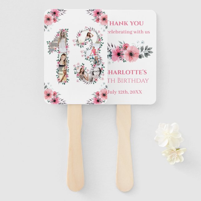 13th Birthday Photo Collage Pink Girl Flower White Hand Fan (Front and Back)