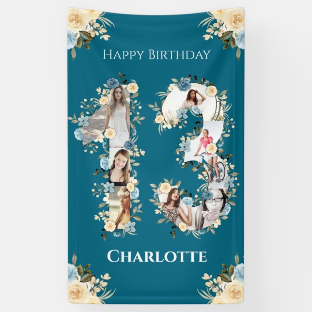 13th Birthday Photo Collage Teal Yellow Flower Banner (Vertical)
