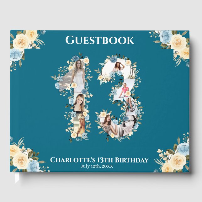 13th Birthday Photo Teal Collage Yellow Flower Guest Book (Front)