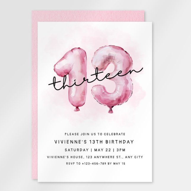 13th Birthday Pink Balloon Invitation (Creator Uploaded)