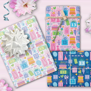 13th Birthday Pink Cake Presents Balloons  Wrapping Paper Sheet