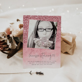 13th Birthday Pink Glitter Teen Photo Invitation