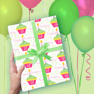 13th Birthday Pink Green Cupcakes Wrapping Paper Sheet