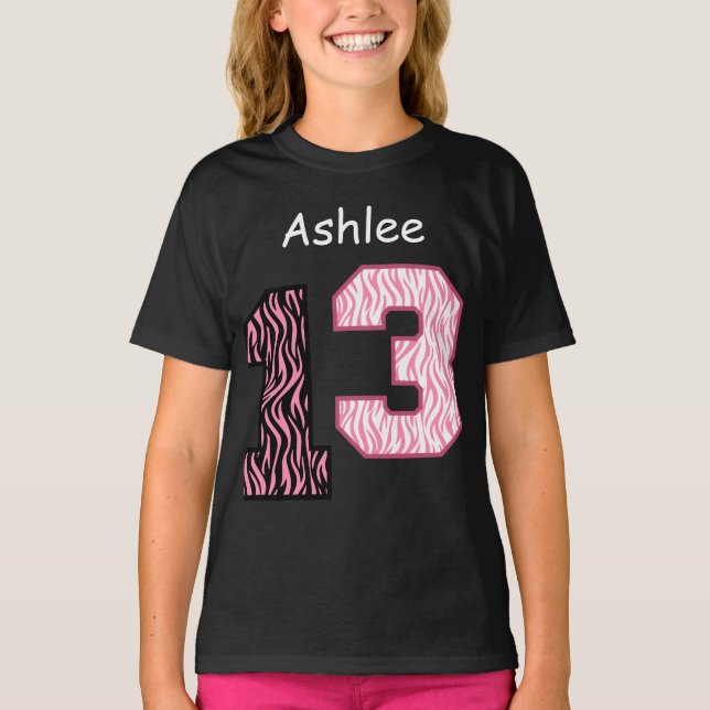 13th Birthday Pink Zebra Custom Name V024 T-Shirt (Front)
