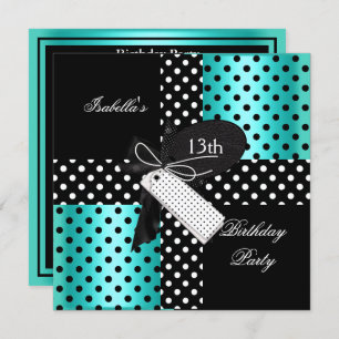 13th Birthday Polka Dot Teal Blue Black White 2 Invitation