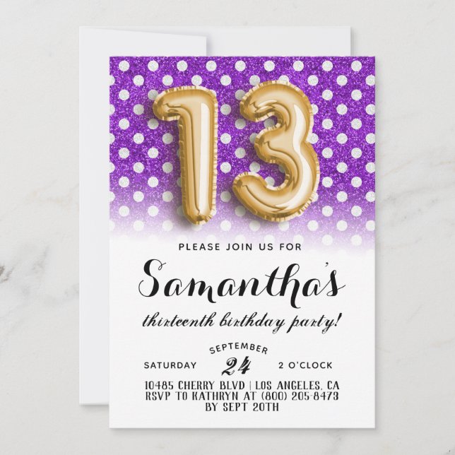 13th Birthday Polkadot Glitter Invitation (Front)